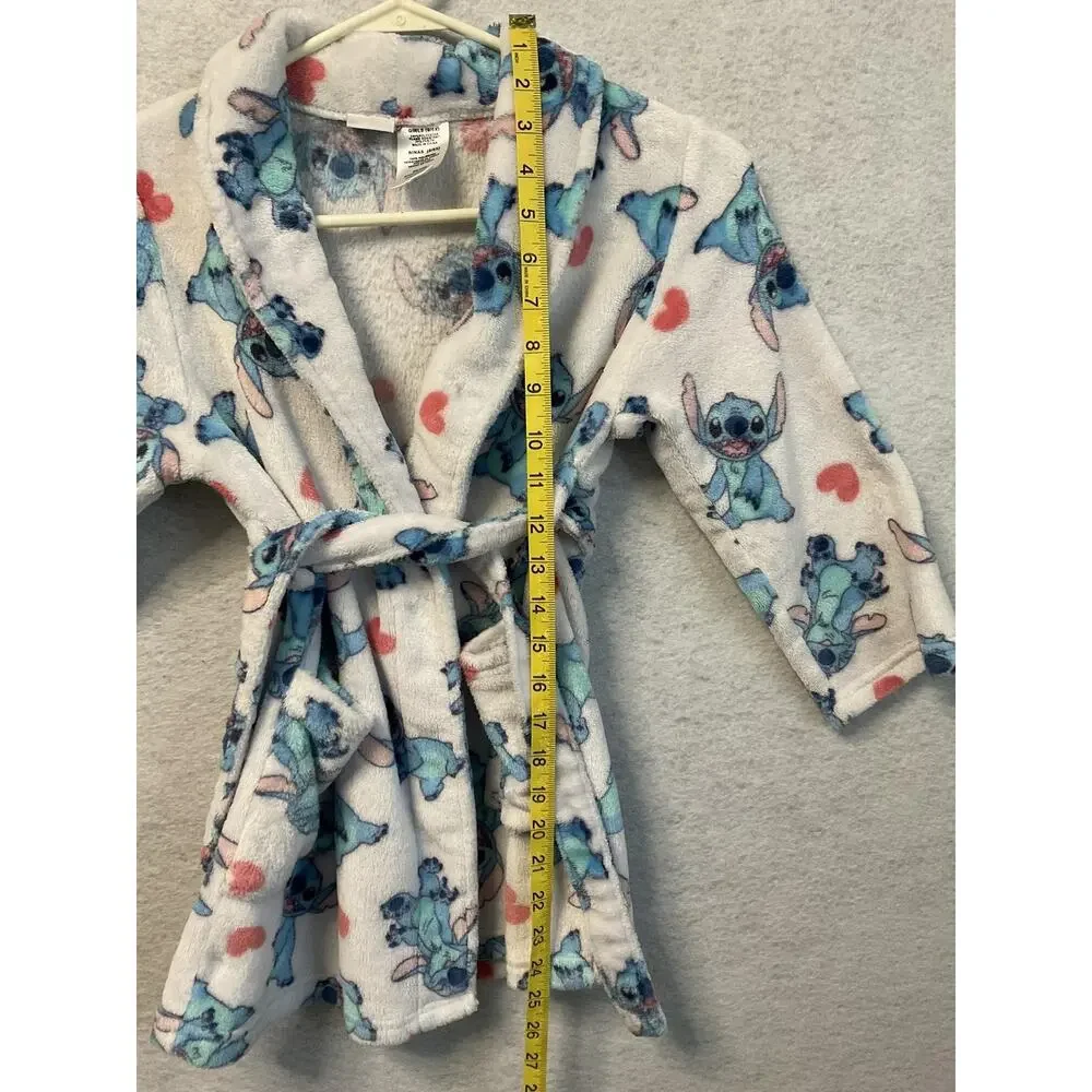 Disney Stitch‎ Robe Girls 6/6X White Blue Plush Fleece Bathrobe Hearts Belted